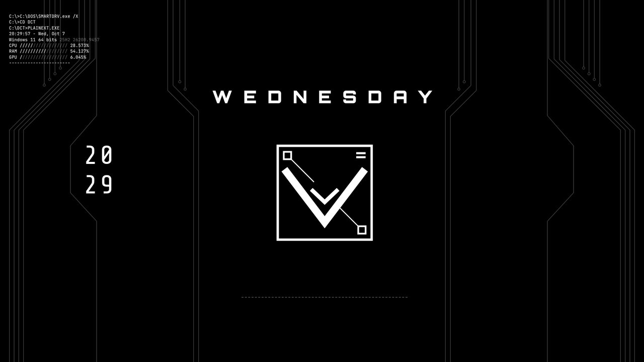 The Circuit preset: circuit traces, DOS-style CPU, RAM and GPU bars, the weekday spelled out and a stacked clock