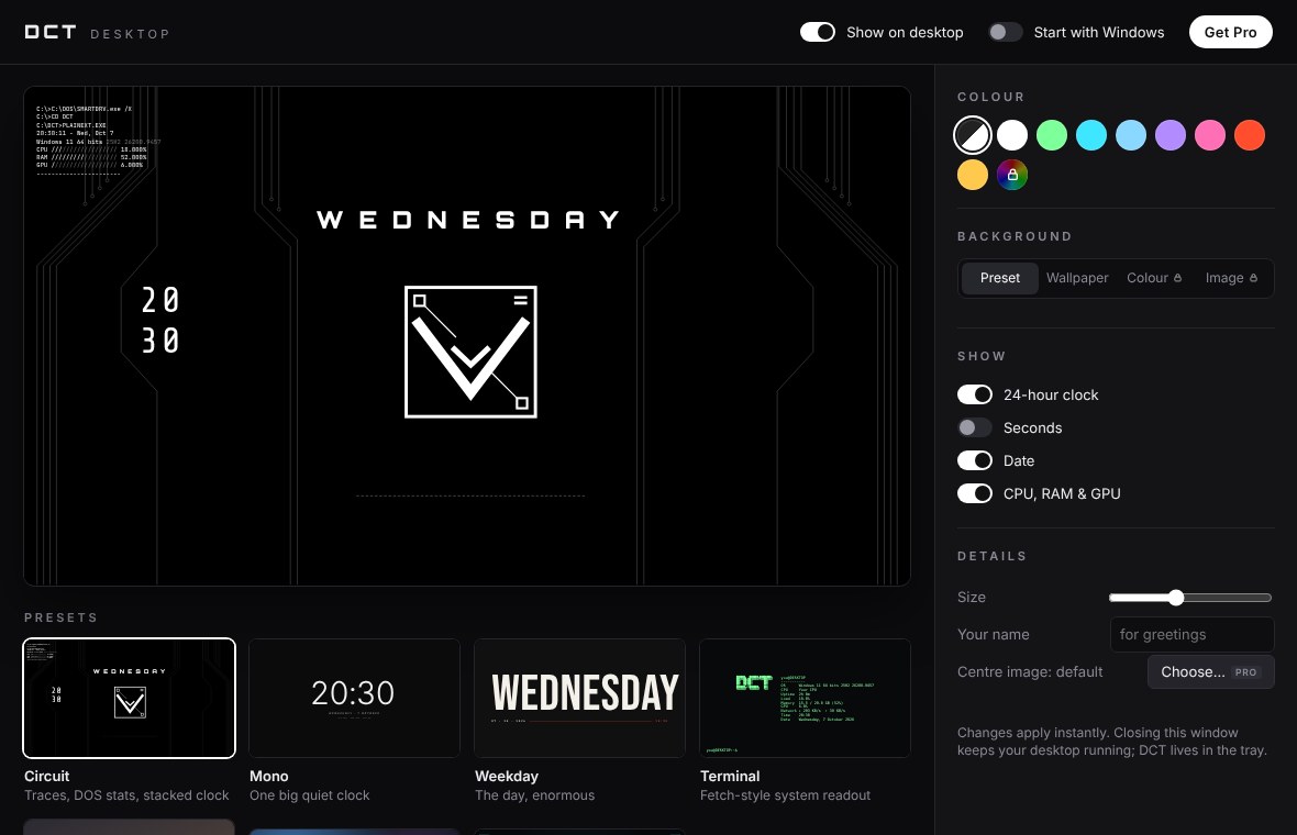 The DCT control panel with a live preview, preset thumbnails and settings